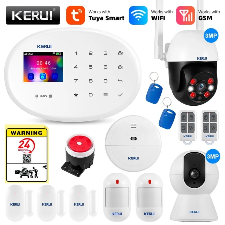 KERUI Tuya WIFI inteligente sistema de alarma GSM funciona con Alexa s