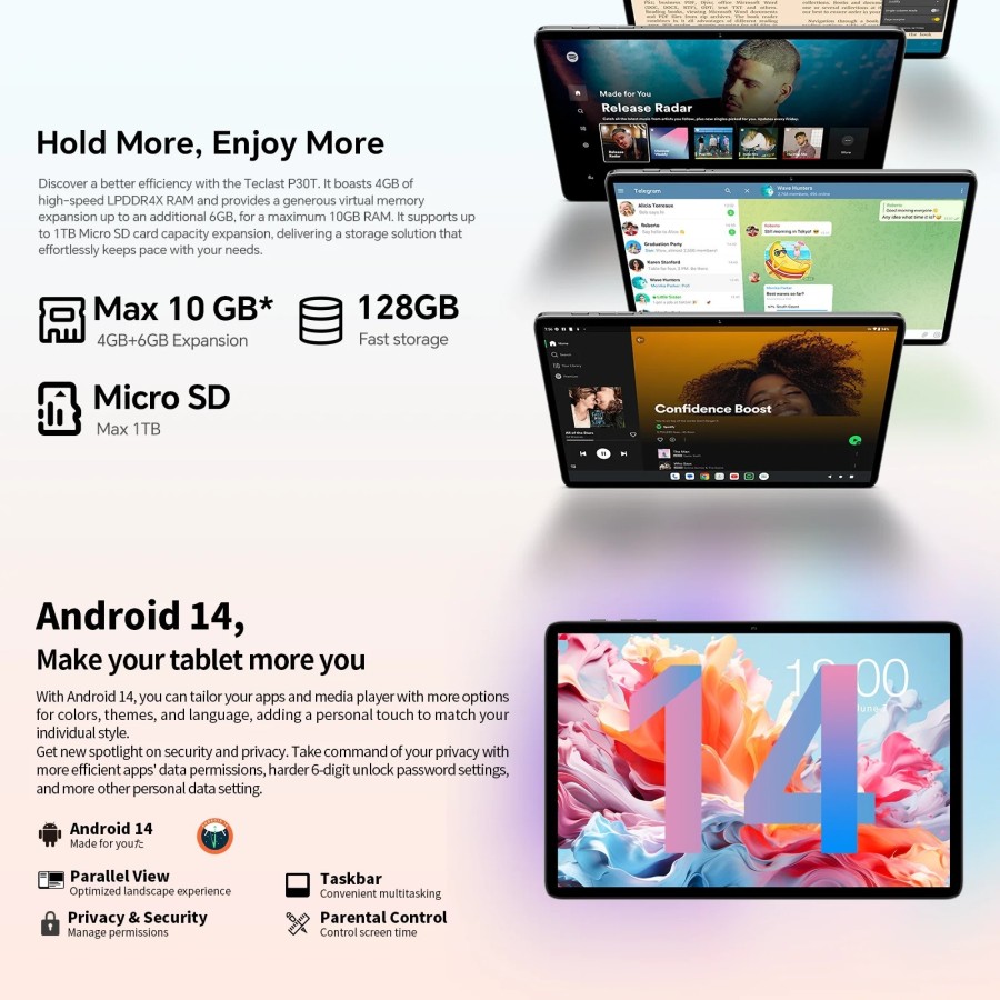 Tableta Teclast P30T Android 14, 10,1 pulgadas, Max 10GB RAM, 128GB RO