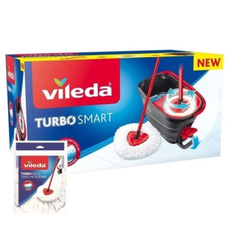 VILEDA Cubo Turbo Smart Set Cubo con pedal palo de 3 piezas y fregona de microfibras triangular mas 1 extra de recambio, sistema