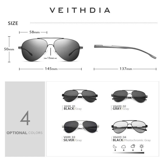 VEITHDIA-gafas de sol fotocromáticas de aluminio para hombre y mujer,