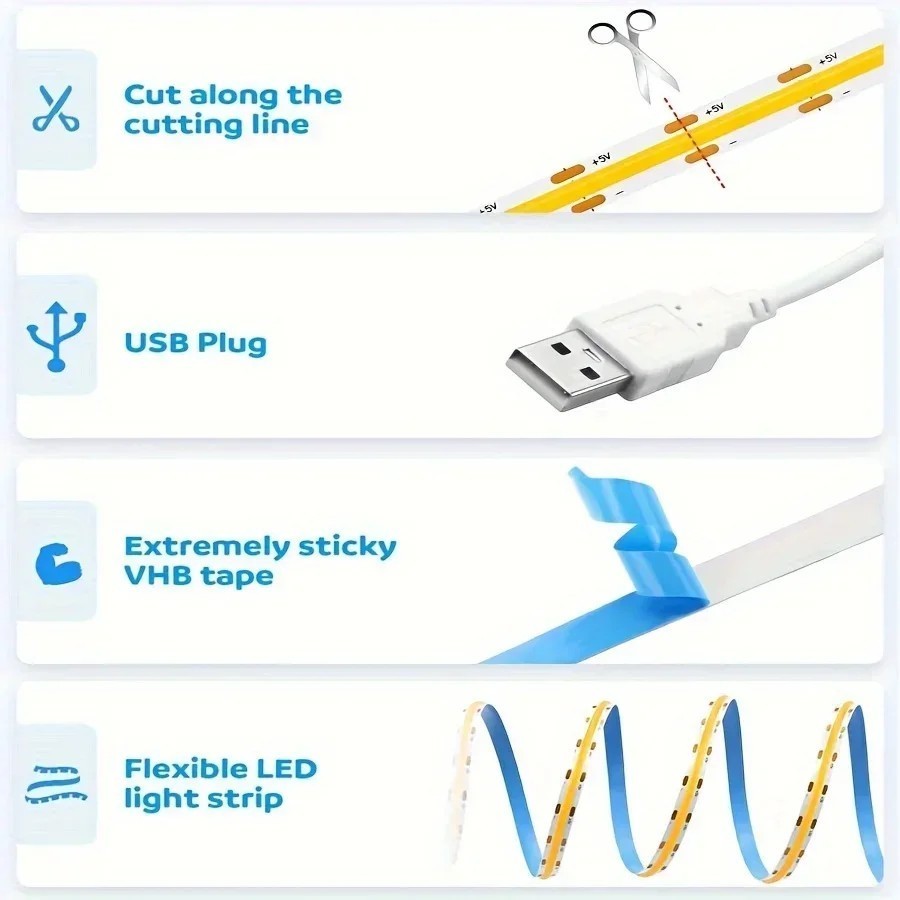 Tira de luces LED COB inteligente, cinta Flexible de Luz lineal con Se