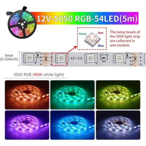 Tira de luces LED con Control Bluetooth, lámpara de cuerda Flexible pa Tira de luces LED con Control Bluetooth, lámpara de cuerda Flexible pa