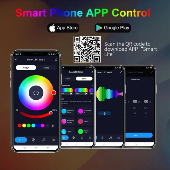 Tira de luces LED con Control Bluetooth, lámpara de cuerda Flexible pa Tira de luces LED con Control Bluetooth, lámpara de cuerda Flexible pa