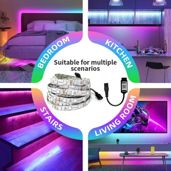 Tira de luces LED con Control Bluetooth, lámpara de cuerda Flexible pa Tira de luces LED con Control Bluetooth, lámpara de cuerda Flexible pa