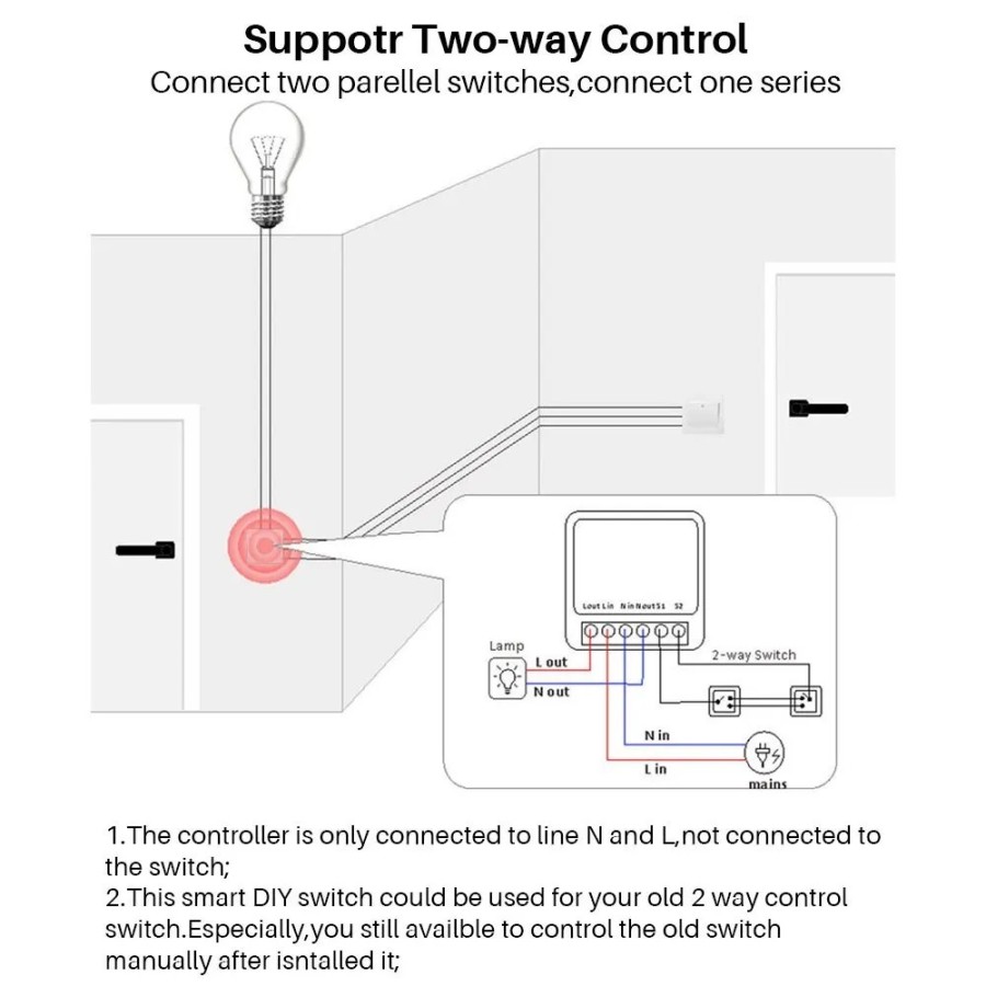 Mini interruptor inteligente EWelink con Wifi, dispositivo de 2 vías, 