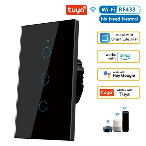 Interruptor inteligente de pared RF433 con WiFi, 1/2/3/4 entradas, sin Interruptor inteligente de pared RF433 con WiFi, 1/2/3/4 entradas, sin