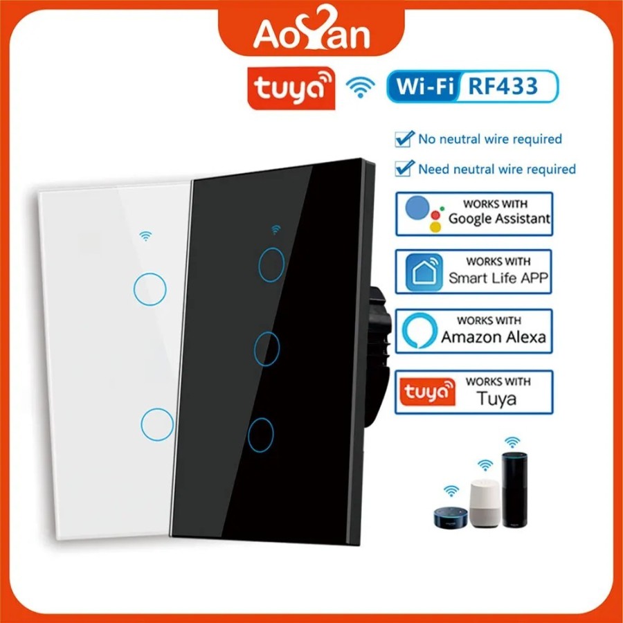 Interruptor inteligente de pared RF433 con WiFi, 1/2/3/4 entradas, sin Interruptor inteligente de pared RF433 con WiFi, 1/2/3/4 entradas, sin