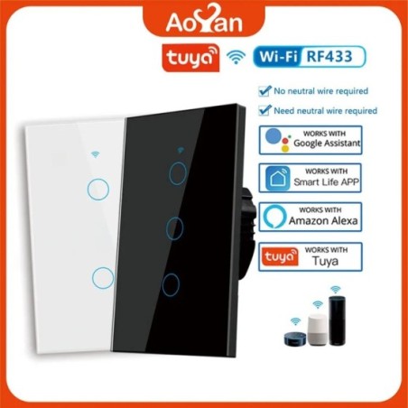 Interruptor inteligente de pared RF433 con WiFi, 1/2/3/4 entradas, sin cable neutro, Sensor táctil, luz LED, Smart Home, Alexa, 