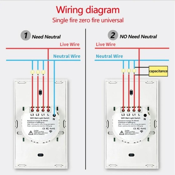 Interruptor inteligente de pared RF433 con WiFi, 1/2/3/4 entradas, sin Interruptor inteligente de pared RF433 con WiFi, 1/2/3/4 entradas, sin