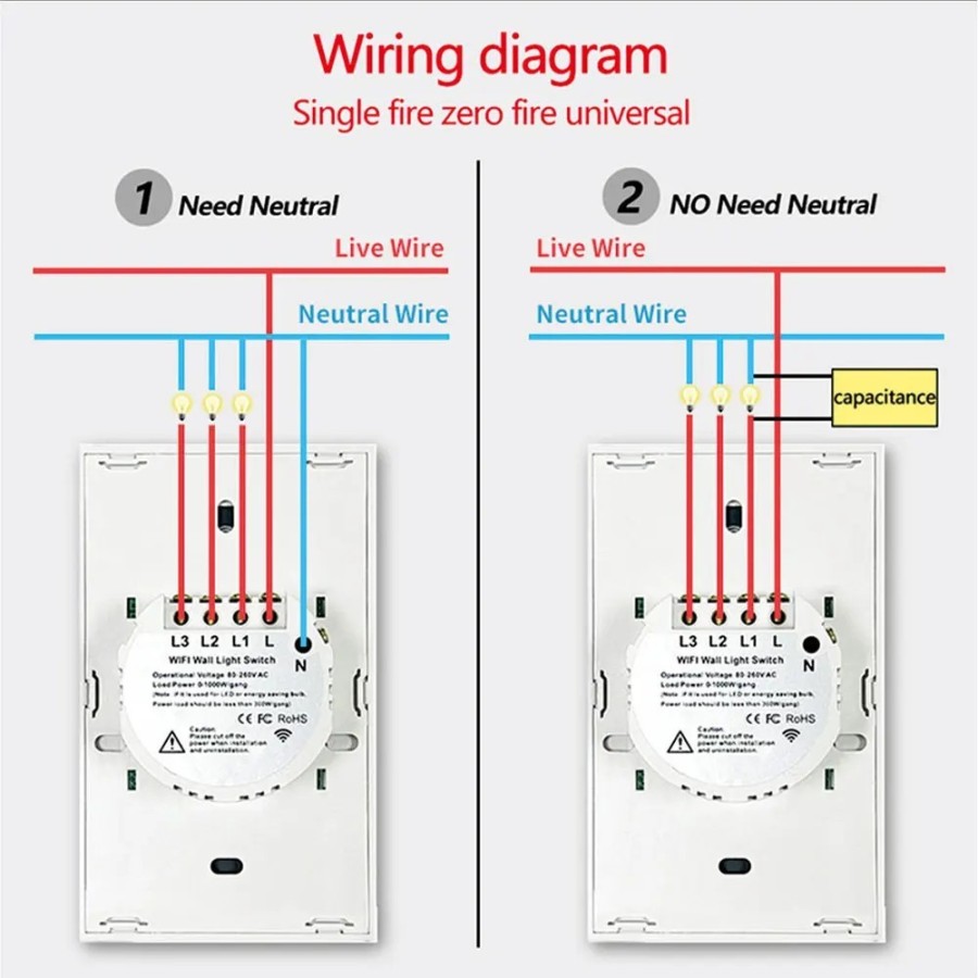 Interruptor inteligente de pared RF433 con WiFi, 1/2/3/4 entradas, sin
