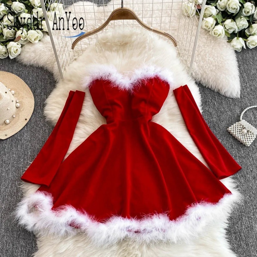 Vestido corto de Navidad sin tirantes para mujer, con hombros descubie Vestido corto de Navidad sin tirantes para mujer, con hombros descubie