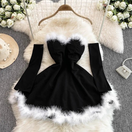 Vestido corto de Navidad sin tirantes para mujer, con hombros descubie Vestido corto de Navidad sin tirantes para mujer, con hombros descubie