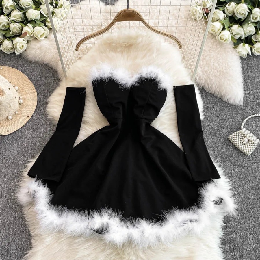 Vestido corto de Navidad sin tirantes para mujer, con hombros descubie