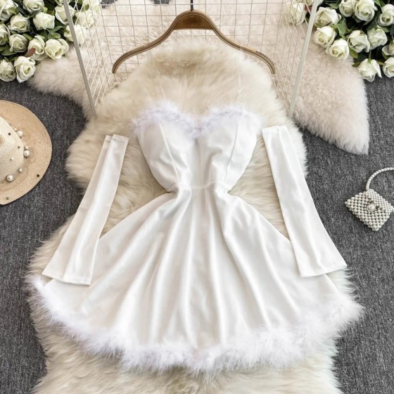 Vestido corto de Navidad sin tirantes para mujer, con hombros descubie Vestido corto de Navidad sin tirantes para mujer, con hombros descubie