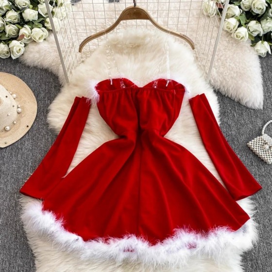 Vestido corto de Navidad sin tirantes para mujer, con hombros descubie Vestido corto de Navidad sin tirantes para mujer, con hombros descubie