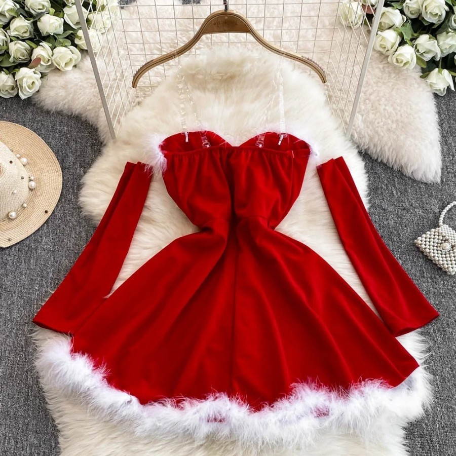 Vestido corto de Navidad sin tirantes para mujer, con hombros descubie