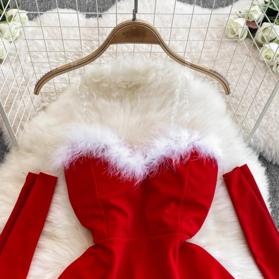 Vestido corto de Navidad sin tirantes para mujer, con hombros descubie Vestido corto de Navidad sin tirantes para mujer, con hombros descubie