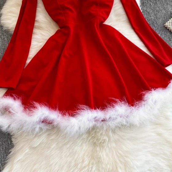 Vestido corto de Navidad sin tirantes para mujer, con hombros descubie Vestido corto de Navidad sin tirantes para mujer, con hombros descubie