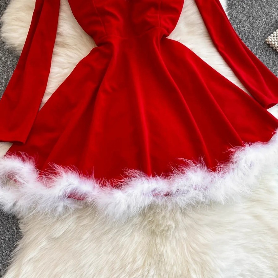 Vestido corto de Navidad sin tirantes para mujer, con hombros descubie