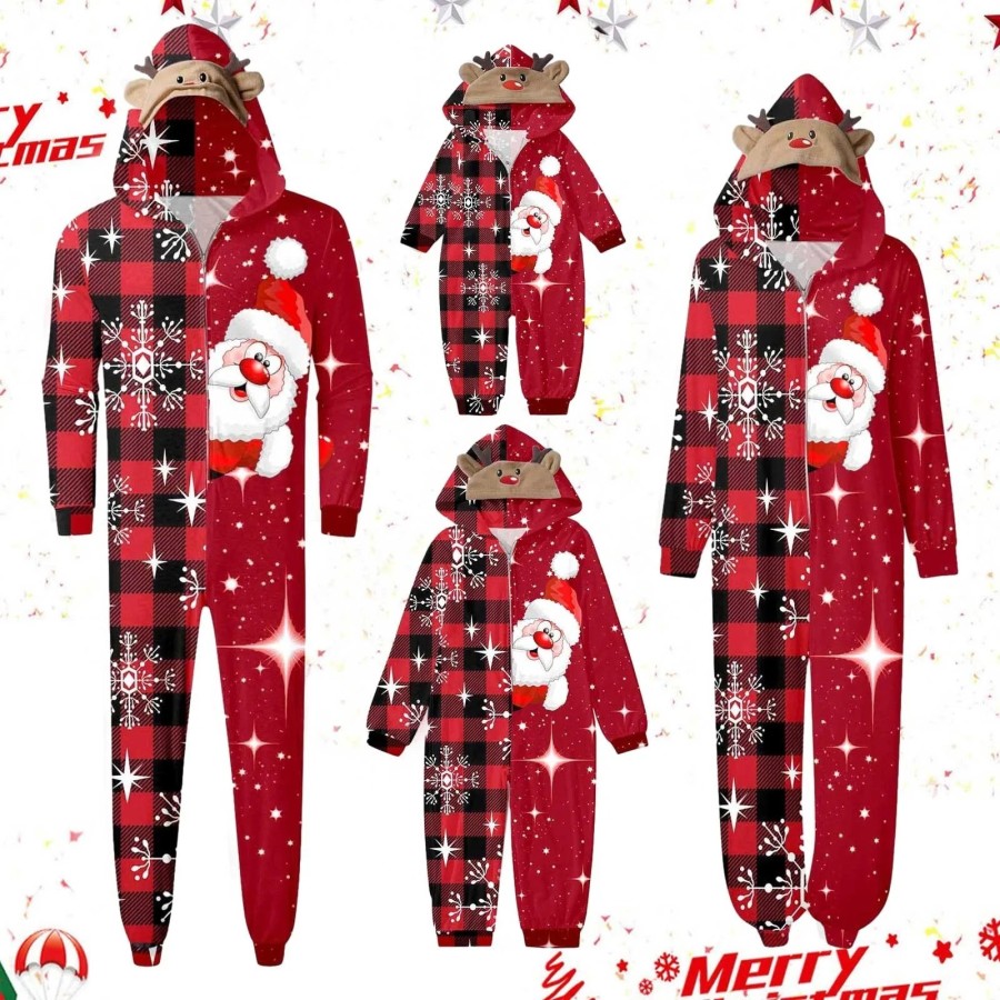 Pijamas a juego para adultos y niños, mono de Navidad con estampado de Pijamas a juego para adultos y niños, mono de Navidad con estampado de