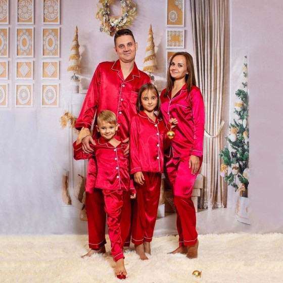 Pijamas de Navidad familiares de seda, ropa de dormir, Tops de satén +