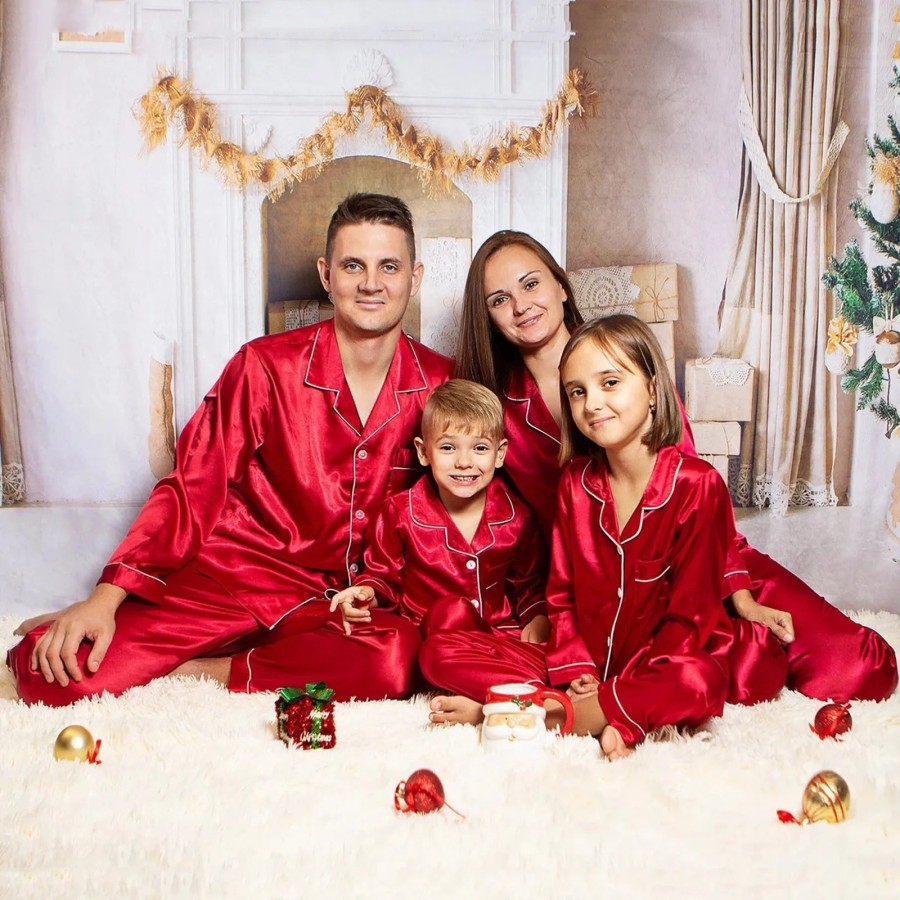 Pijamas de Navidad familiares de seda, ropa de dormir, Tops de satén +