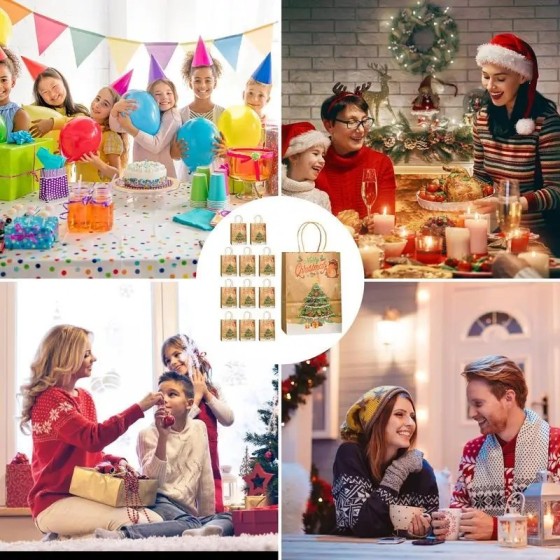 Bolsas de papel Kraft de Navidad para niños, 12 piezas, bolsas de recu