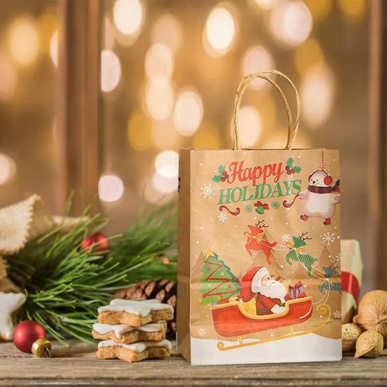 Bolsas de papel Kraft de Navidad para niños, 12 piezas, bolsas de recu