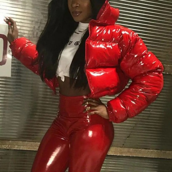 Chaqueta acolchada negra de PU brillante para mujer, abrigos cálidos d