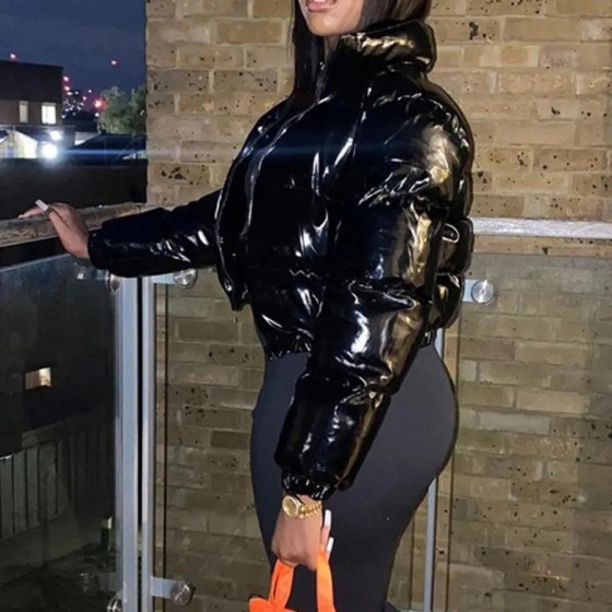 Chaqueta acolchada negra de PU brillante para mujer, abrigos cálidos d