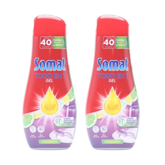 Somat Todo en 1 Pack de 2 Geles Lima Limón Detergente Lavavajillas 40 