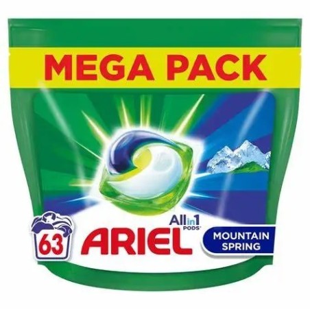 ARIEL PODS Todo en 1 Detergente Líquido Para Lavadora Cápsulas 63 Lavados, Frescor De Los Alpes, Increíble poder quitamanchas de