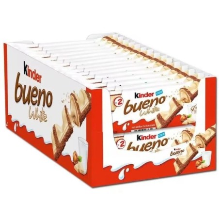 Kinder Bueno White ,Caja de 30 unidades,Barritas de Chocolate Blanco y Barquilo,White barritas de chocolate blanco y avellanas 3