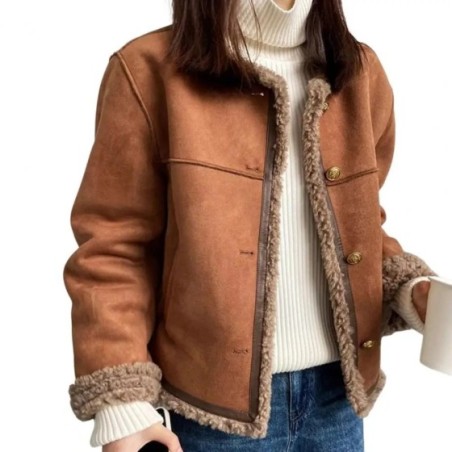 Chaqueta cálida de cuello redondo para mujer, abrigo de felpa suelto de imitación de piel de cordero y ciervo, tendencia superio