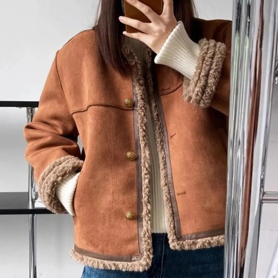 Chaqueta cálida de cuello redondo para mujer, abrigo de felpa suelto d