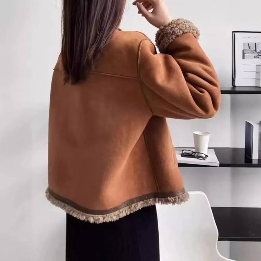 Chaqueta cálida de cuello redondo para mujer, abrigo de felpa suelto d