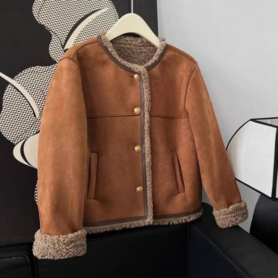 Chaqueta cálida de cuello redondo para mujer, abrigo de felpa suelto d