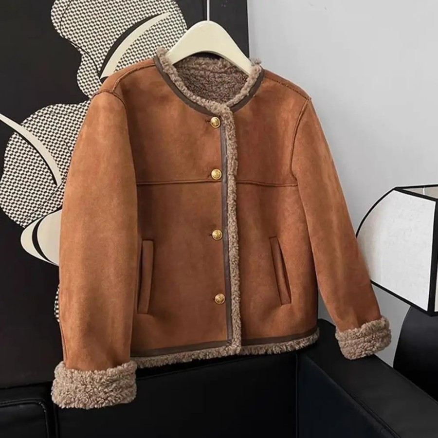 Chaqueta cálida de cuello redondo para mujer, abrigo de felpa suelto d