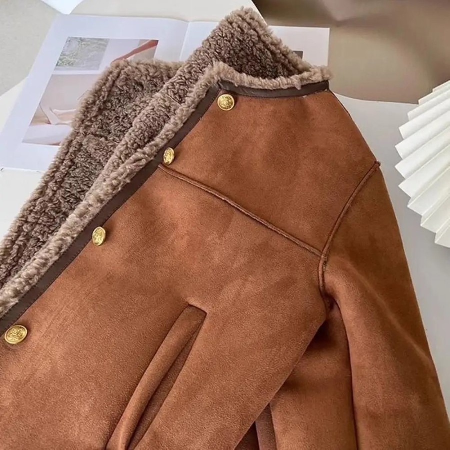 Chaqueta cálida de cuello redondo para mujer, abrigo de felpa suelto d