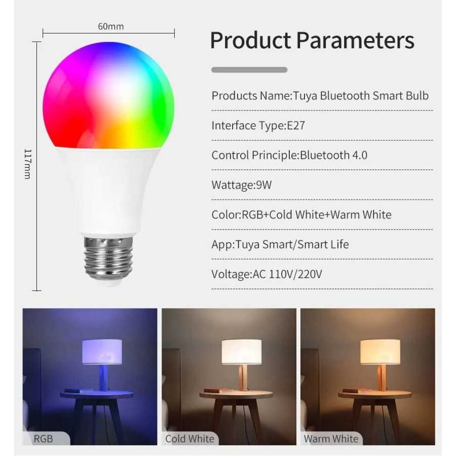 Bombilla LED inteligente con Bluetooth, lámpara RGB regulable con Cont