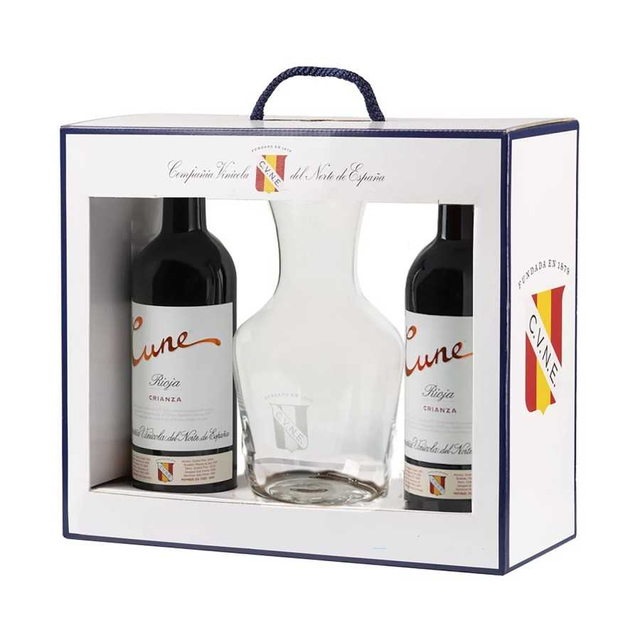 CUNE Estuche con 2 botellas de vino tinto crianza con D.O. Ca. Rioja + decantador. CUNE Estuche con 2 botellas de vino tinto crianza con D.O. Ca. Rioja + decantador.