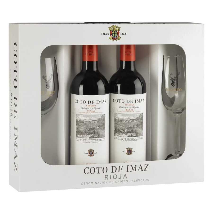 COTO DE IMAZ Estuche con 2 botellas de vino tinto reserva con denominación origen calificada Rioja + 2 copas