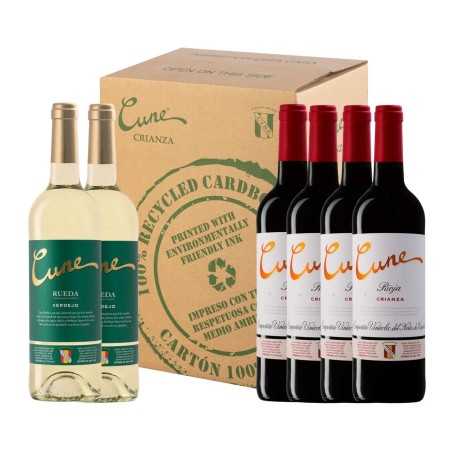 CUNE Caja con 4 botellas de vino tinto crianza con D.O. Ca. Rioja y 2 botelas de vino blancp D.O. Rueda CUNE.
