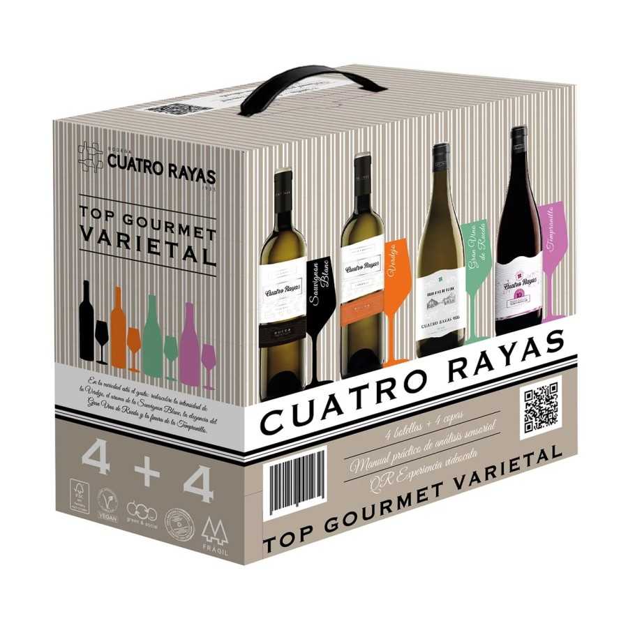 CUATRO RAYAS Caja con 3 botellas de vino blanco D.O Rueda, Gran vino de Rueda y vino tinto I.G.P