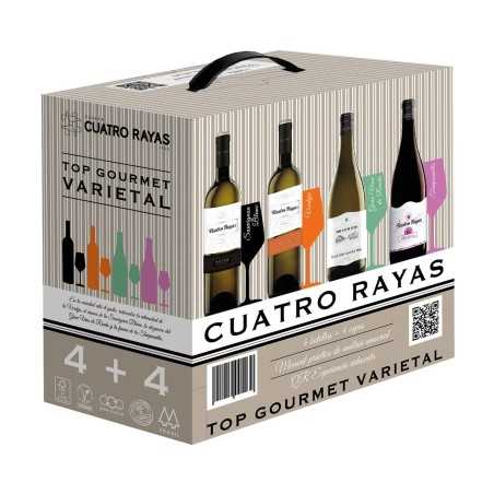 CUATRO RAYAS Caja con 3 botellas de vino blanco D.O Rueda, Gran vino de Rueda y vino tinto I.G.P