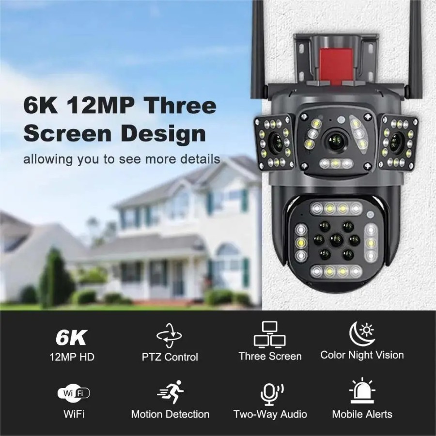 12MP 6K HD WiFi IP Camera Three Screens PTZ Camera Human Detection Aut