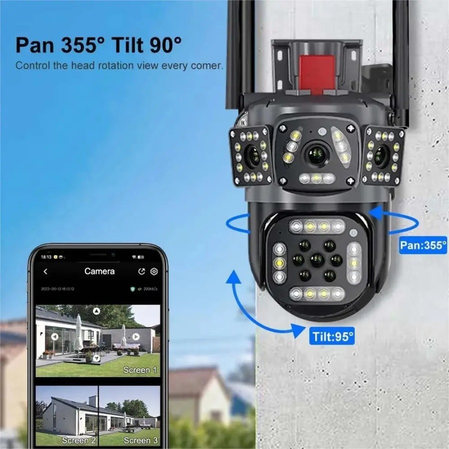 12MP 6K HD WiFi IP Camera Three Screens PTZ Camera Human Detection Aut