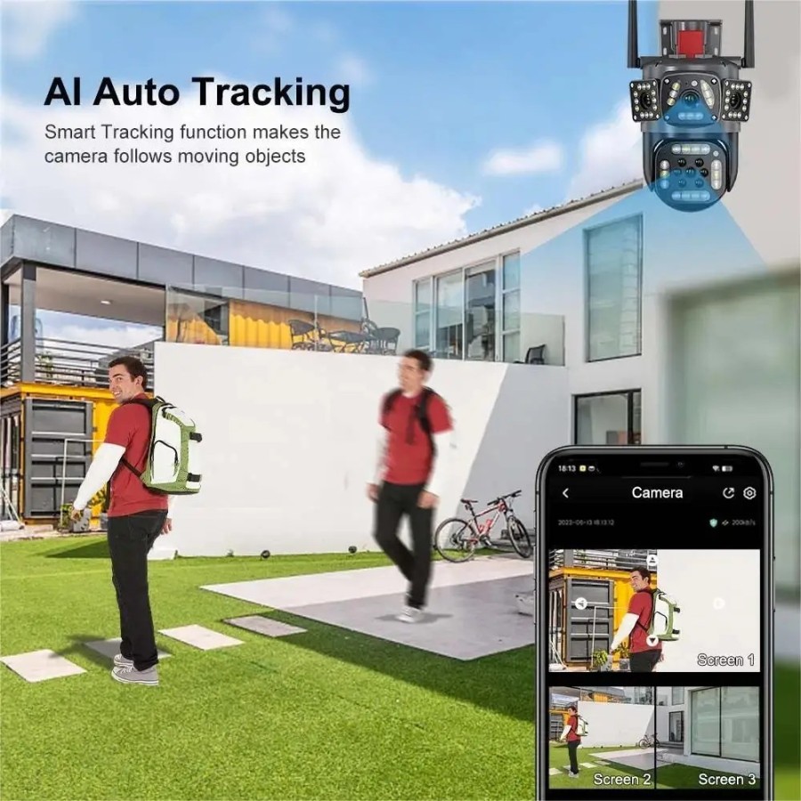 12MP 6K HD WiFi IP Camera Three Screens PTZ Camera Human Detection Aut