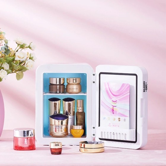 Mini refrigerador de maquillaje de 4L con espejo de luz LED, refrigera