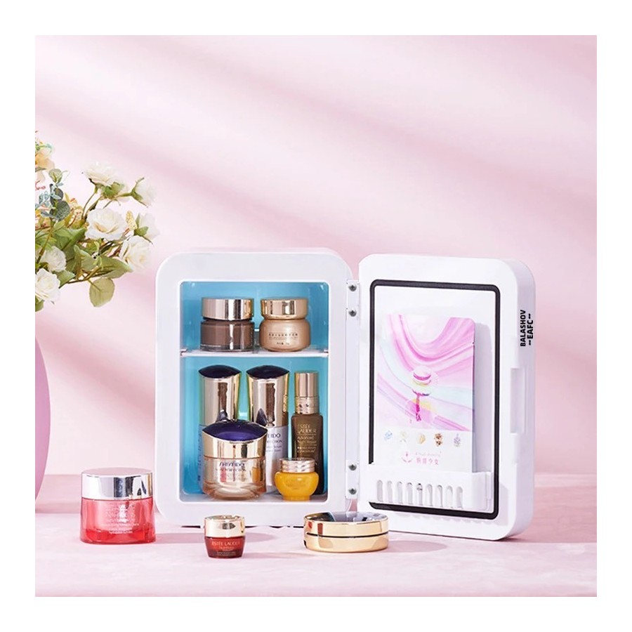 Mini refrigerador de maquillaje de 4L con espejo de luz LED, refrigera